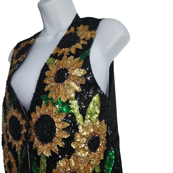 Vintage 80s Sequin Sunflower Vest With Adjustable Tie In Back Spring Summer Sz M - Picture 3 of 5